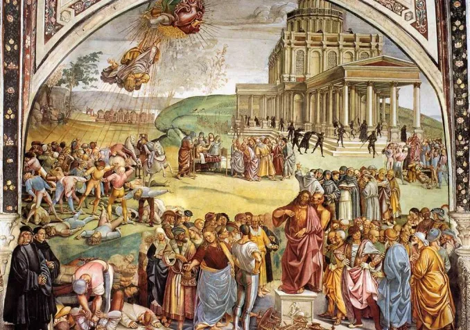 Luca Signorelli (1450-1523): Le Règne de l'Antéchrist, Dôme d'Orvieto (après 1500) Fresque De Luca Signorelli représentant le Règne de l'ANtéchrist. L'artiste s'est représenté en noir dans le coin de la fresque.