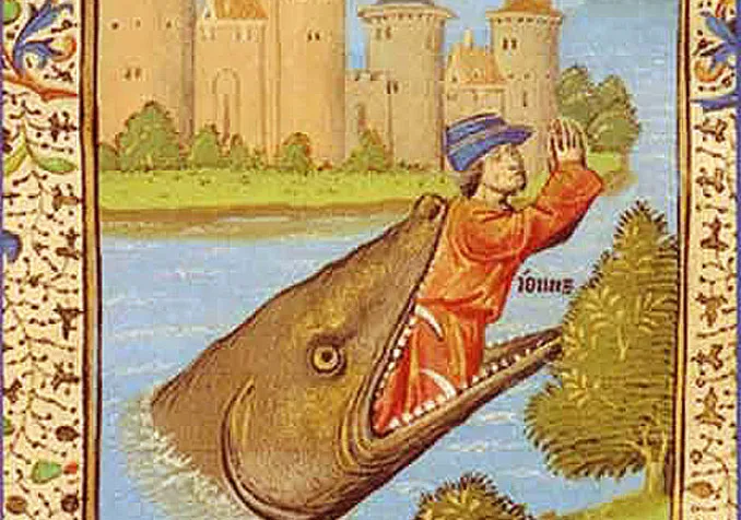 Jonas rejeté par le grand poisson, extrait de la Bible du pape Jean XXII (XIVe siècle).