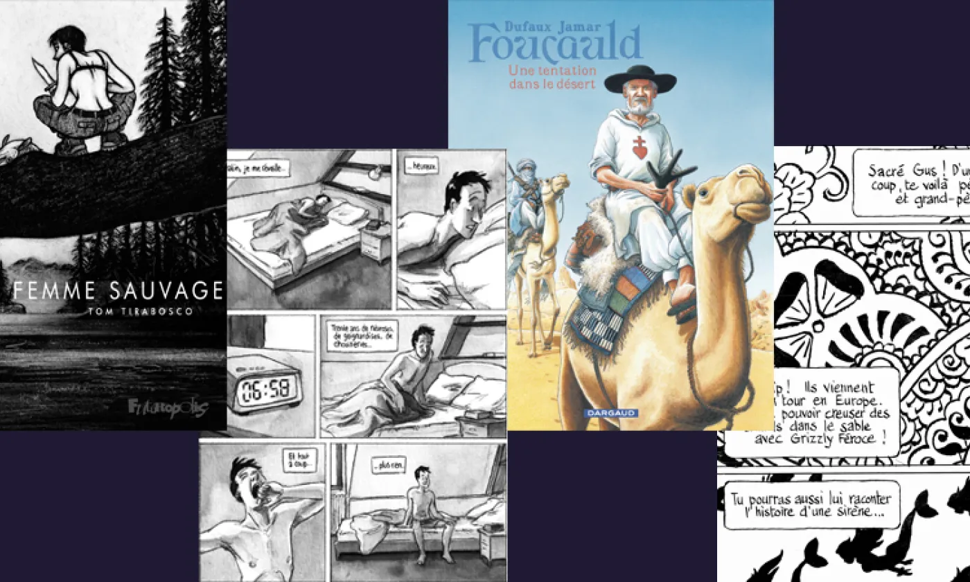 De g. à d. : "Femme sauvage" de Tom Tirabosco, "L'odyssée du microscopique" de Léandre Ackermann et Olivier F. Delasalle, "Vincent, un saint au temps des mousquetaires" de Jamar et "Calypso" de Cosey © Editions Futuropolis, La boîte à Bulles, Dargaud