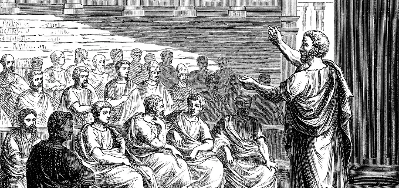 Démosthène, homme d'Etat athénien. Gravure sur bois publiée en 1882. ©iStock